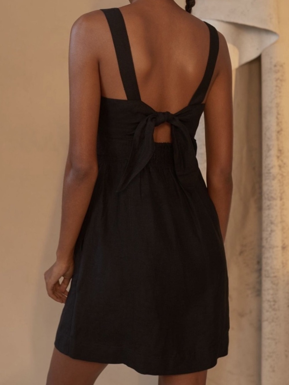 Anthropologie Maeve Twist-Front Tie Cutout Back Mini Dress Linen Blend Black S